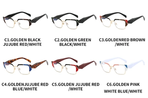 Detail view of six stylish semi-rimless metal glasses frames with geometric temples
