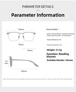 Detailed dimension guide and specifications for marble pattern reading glasses with PC frame