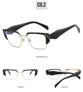 Three perspectives showing green and black cat-eye metal frame glasses with geometric temples