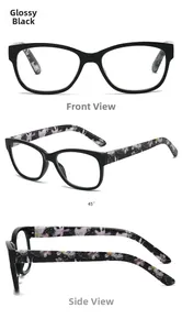 Three-view display of glossy black reading glasses with floral patterned spring hinges