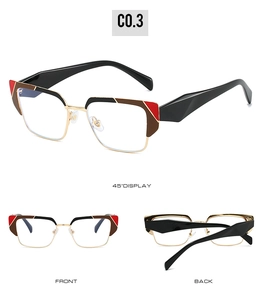 Three-angle display of cat-eye eyewear frames with gold metal and multi-color accents