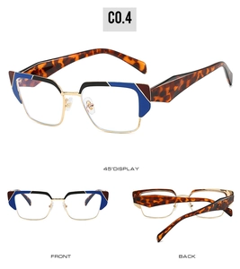 Three views of cat-eye metal frames with blue and burgundy asymmetrical color blocking