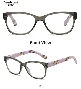 Detail view of transparent grey frame glasses with purple floral patterned spring hinges