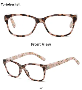 Detail of tortoiseshell reading glasses with pink floral patterns on the temple arms