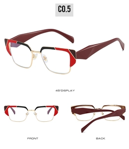 Detailed views showing the multi-angle display of red geometric browline metal glasses