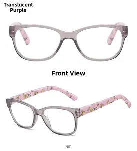 Detail of transparent purple reading glasses with floral pattern arms and metal hinges