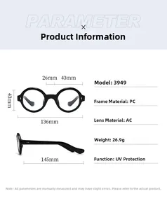 Detailed specs of retro round sunglasses with PC frame and AC UV protection lenses