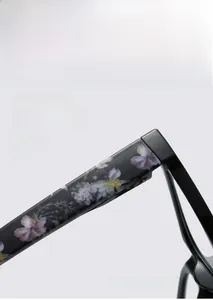 Detail of durable temple with floral pattern on stylish reading glasses for comfort