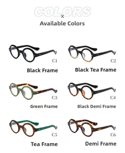 Showcase of six retro round frame sunglasses in black, tea, green, and tortoiseshell colors