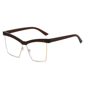 Fashionable cat eye glasses with dark tortoise upper frame and golden metal accents