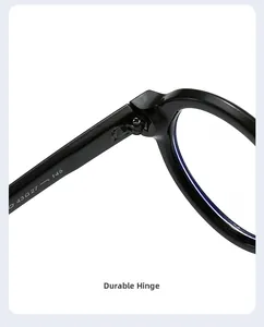 Macro shot of reinforced hinge and temple size specs on round black glasses frame