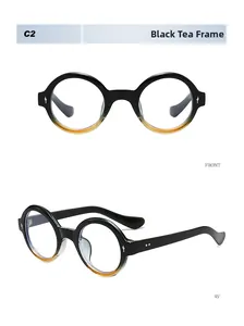 Front and 45-degree views of vintage round black tea gradient sunglasses with metal rivets