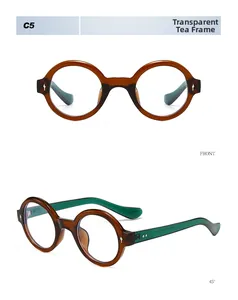 Front and 45-degree angle view of vintage round sunglasses with tea-brown frames and green temples