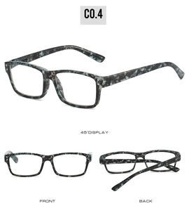Vue détaillée de lunettes de lecture rectangulaires camouflage bleu-gris sous plusieurs angles
