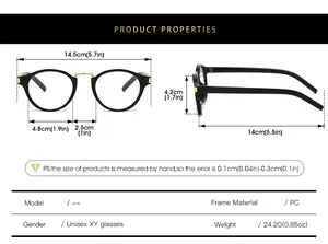 Detailed size chart of oval sunglasses showing frame dimensions and PC material specs