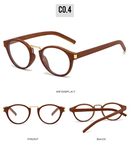 Three-way view of oval vintage sunglasses with brown wood grain texture and gold metal accents