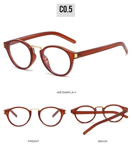 Three views of retro amber oval sunglasses with gold metal bridge and accents