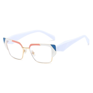 Modern metal browline blue light glasses with colorful geometric frame in 45-degree view