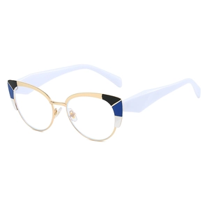 Stylish cat-eye blue light blocking glasses with gold metal frames and tricolor accents