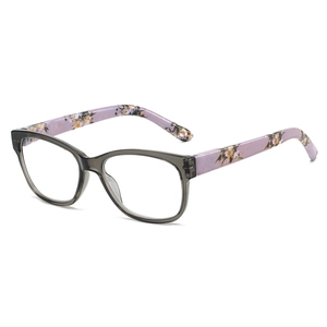 Chic reading glasses with marble grey front and purple floral print spring hinge temples