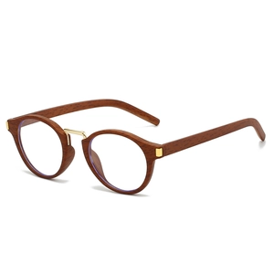 Retro oval wood texture sunglasses with gold metal bridge and blue light blocking lenses