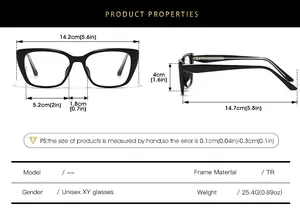 Tabella taglie dettagliata per montatura occhiali quadrata cat-eye con misure e peso precisi