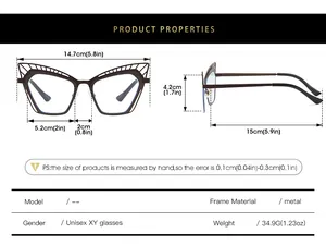 Detailed size chart for cat eye metal frame glasses with measurements and specifications
