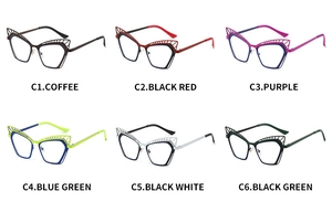 Showcase of six cat eye glasses colors with cut-out brow details and metal frames