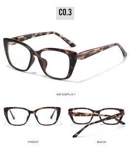 Tre viste di montature per occhiali cat-eye tartarugati con vista frontale, retro e 45 gradi