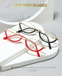 Detail view of cat eye blue light blocking glasses in red and black semi-rimless frames