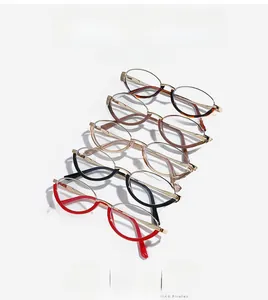 Detailed view of cat-eye frames in five assorted colors with golden metal temples