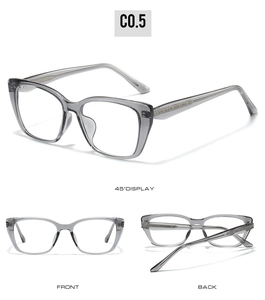 Vista in tre angolazioni di montature cat-eye grigio trasparente con aste rinforzate
