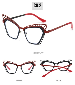 Three-angle view of cat-eye metal glasses frames with hollow grid design and red accents