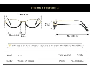 Detailed size chart for metal cat-eye sunglasses with precise frame measurements