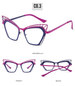 Three-view display of magenta and blue cat-eye glasses frame with hollow line patterns