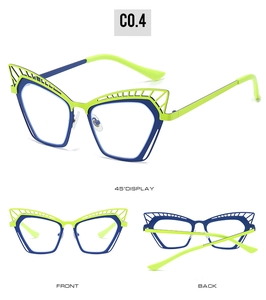 Three-way view of cat eye anti-blue light glasses in neon green and navy blue frame