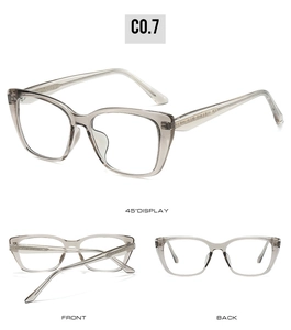 Tre viste della montatura per occhiali cat-eye quadrata in grigio trasparente, C0.7