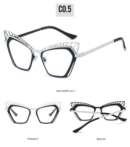 Three-angle view of cat-eye glasses frame with hollow geometric cutout design details