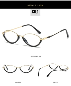 Detailed multi-angle view of cat-eye sunglasses with half-frame gold and black metal design