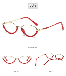 Three-angle display of red and gold cat-eye glasses showing front, back, and 45-degree view