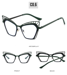 Cat-eye metal frame glasses with hollow grid top detail shown from three angles