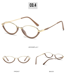 Cat eye sunglasses detail showing front, side and back views of brown metal frames