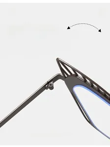 Close-up of durable metal hinge on cat-eye glasses with hollow frame design detail