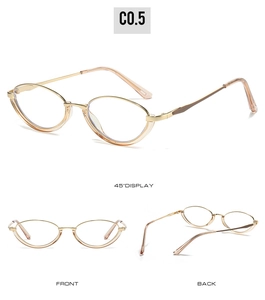 Detailed views of gold cat-eye glasses with metal hinges and light brown temple tips
