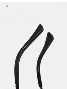 Detailed view of curved black eyeglass temples with anti-slip wave texture design