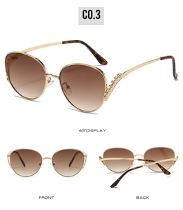 Vue en trois angles des lunettes de soleil rondes dorées avec détail en V et verres dégradés