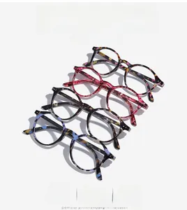 Detail of four retro round tortoiseshell eyeglass frames showing diverse color patterns