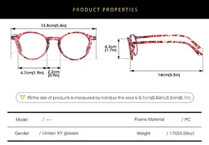 Size chart showing light pink tortoiseshell round frame glasses dimensions and specs