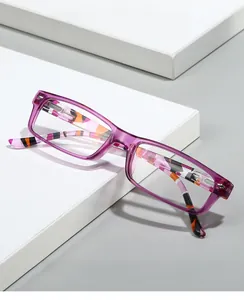 Macro detail of 2025 purple square reading glasses with colorful geometric pattern temples