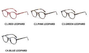 Retro round glasses frames in red, pink, green, and blue leopard patterns